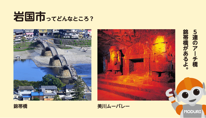 岩国市ってどんなところ？。五連のアーチ橋、きんたいきょうがあるよ。